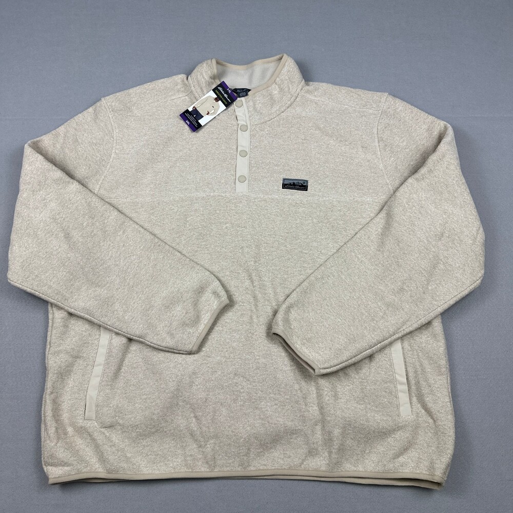 Eddie Bauer Sweater Men 2XL Beige Snap Fleece Pullover Outdoor Pockets XXL